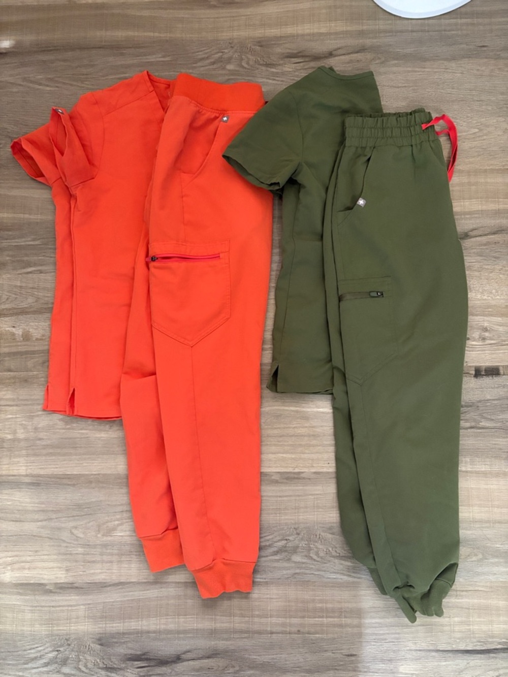 Figs Two-Piece Scrub Sets in Bright Orange & Olive Green